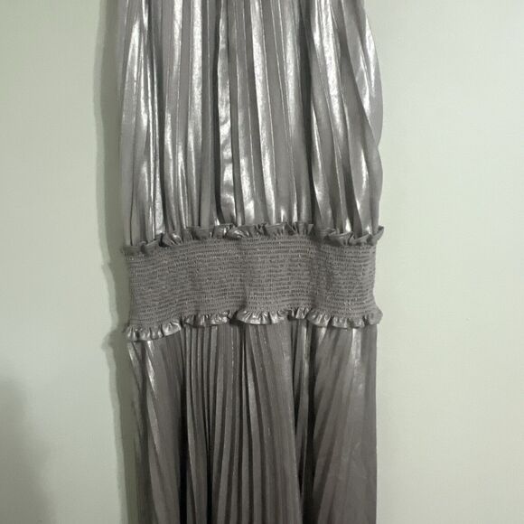 A.L.C Weston Pleated Midi Cocktail Dress Sz 8 Silver Metallic Sleeveless - Picture 7 of 11